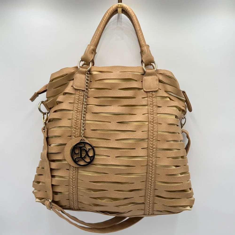 Womens Tan Satchel Bag Purse Cutout Detail Chain‎ Charm Optional Strap Boho Chic